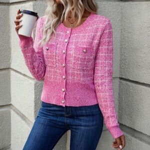 Stylish Cardigan Long Sleeve Button Front Pockets Pink 12